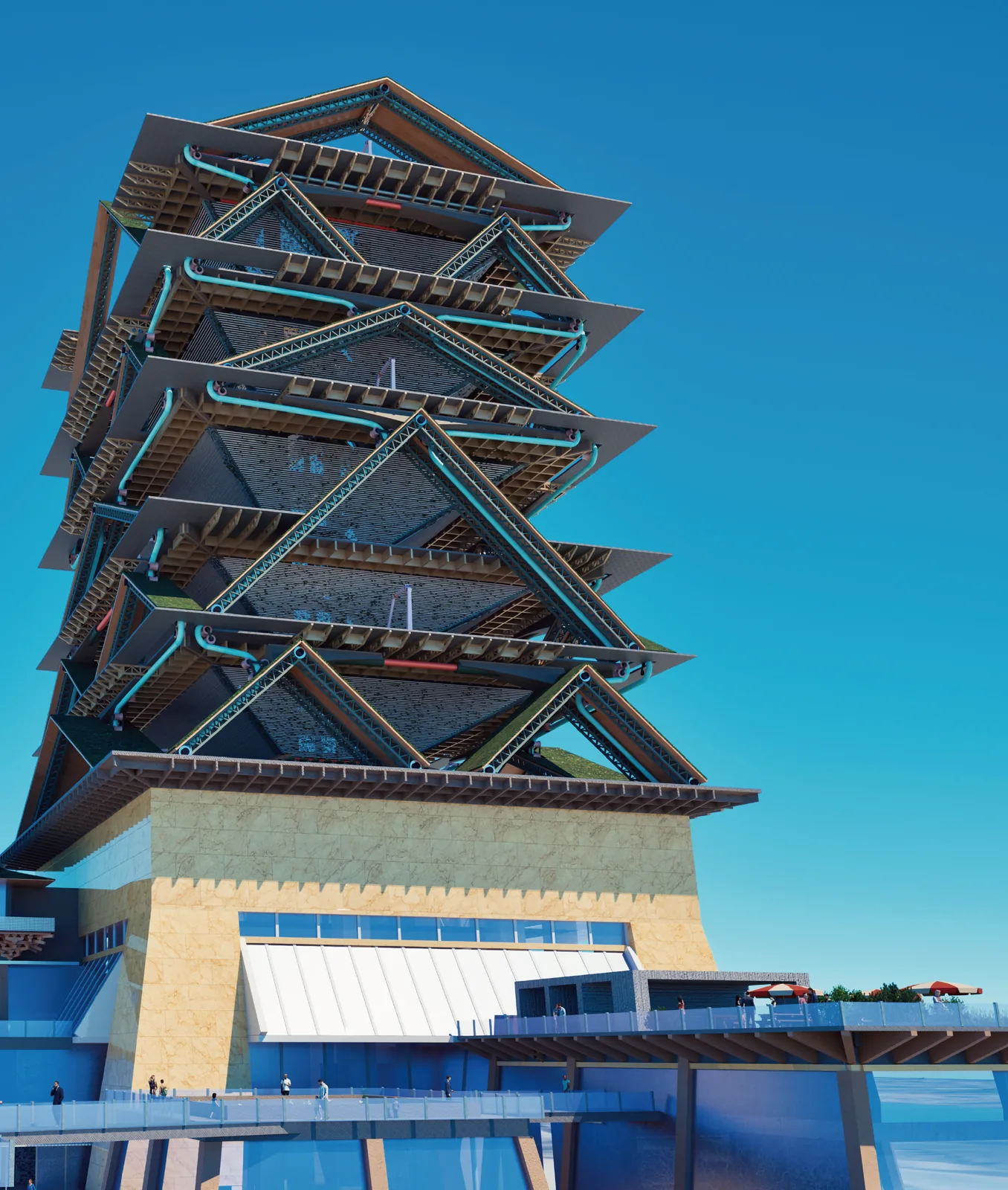 外観。空を背景に、天守を見上げる